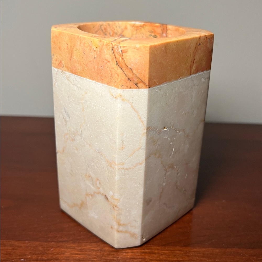 Vintage Genuine Italian Carved Marble Pen Cup Tooth Brush Holder Faceted Heavy